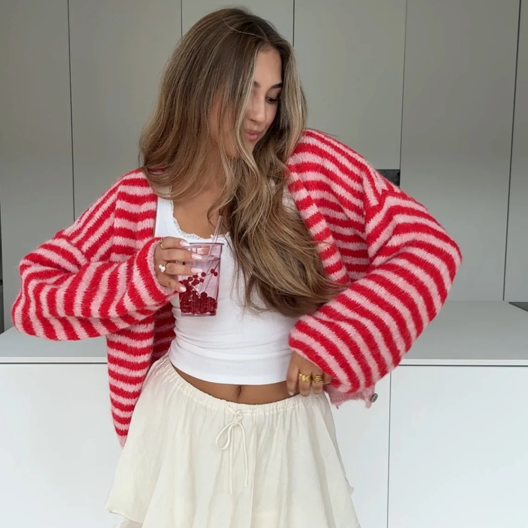 CARDIGAN DE COLORES A RAYAS CEREZA