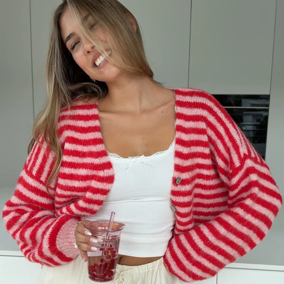 CARDIGAN DE COLORES A RAYAS CEREZA