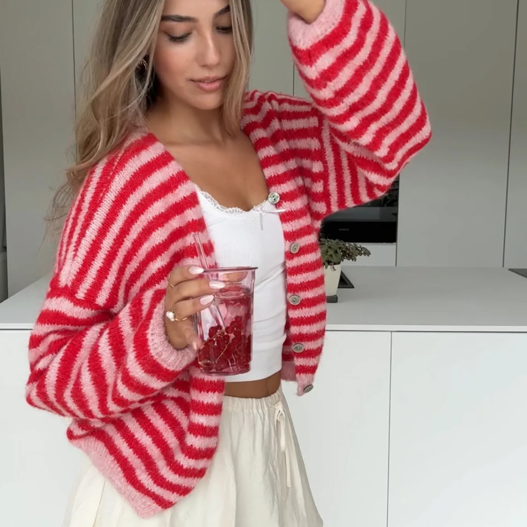 CARDIGAN DE COLORES A RAYAS CEREZA