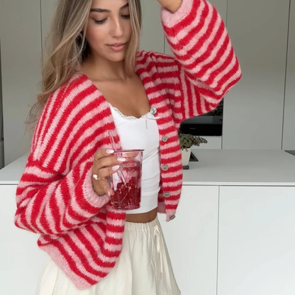 CARDIGAN DE COLORES A RAYAS CEREZA